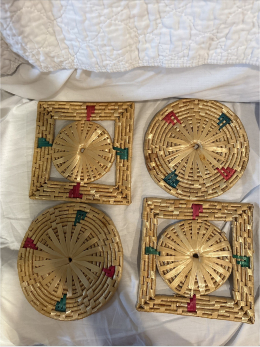 Lot 4 Vintage Woven Raffia Trivets Boho Straw Rattan Hot Pads Handmade 1059 - Picture 2 of 5